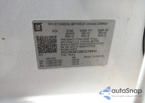 2019 Chevrolet Silverado 2500Hd Wt z USA, uszkodzony, nr VIN 2GC2KREG8K1138941